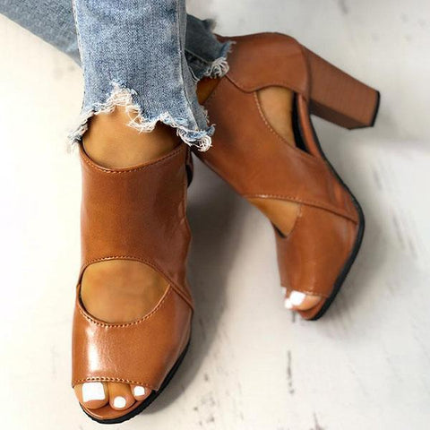 Peep Toe Cut Out Ankle Boots Chunky Block Heel Booties