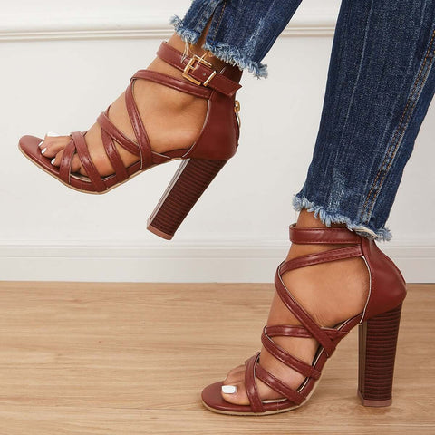 Criss Cross Chunky Block High Heels Ankle Strap Sandals