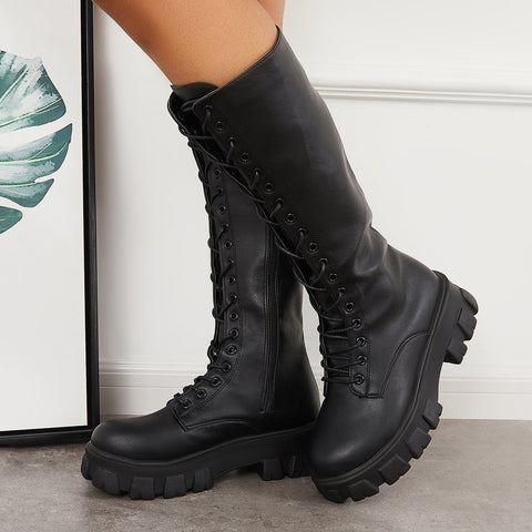 Lace Up Platform Heel Knee High Boots Lug Sole Combat Boots