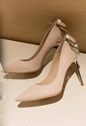 Gold bow crystal high heels slim heels shallow mouthed pointed toe single shoes fashionable French rhinestone wedding shoes