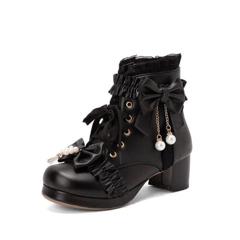 - Pink White Black Chunky Heel Lolita Shoes Butterfly-knot Pearls Lace Up Womens Cosplay Princess Cute Sweet Winter Ankle Boots 42