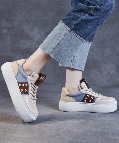 Beige Flache Schuhe Plattform Rindsleder Leder Casual Lace Up
