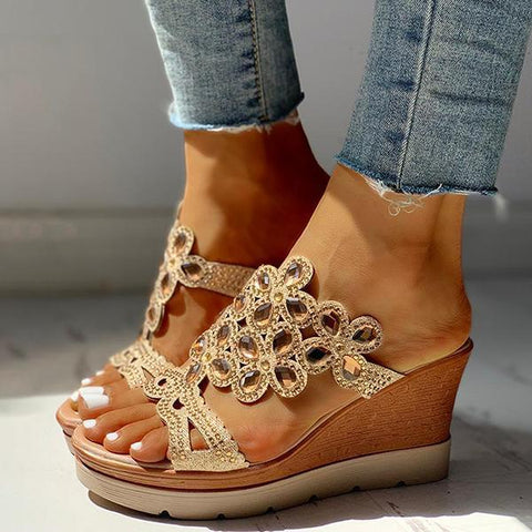 Rhinestone Embellishment Platform Wedges Slip-on Sandals