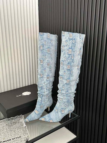 Sexy Women Over The Knee Boots Chelsea Booties Pointed Toe Blue Black White Denim Cloth Winter Dress Shoes Slip On Autumn Boots