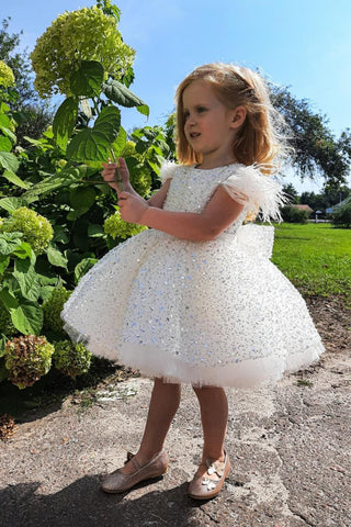 Bmbridal Lovely Sequins Cap Sleeve Flower Girl Dress With Feather