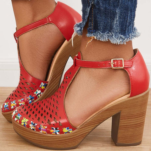 Platform Block Chunky High Heels Ankle T-Strap Cutout Sandals