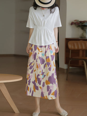 Women Artsy Flower Summer Split Hem Draped Skirt