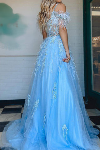 Gorgeous A Line Off the Shoulder Blue Corset Prom Dress with Appliques Feather