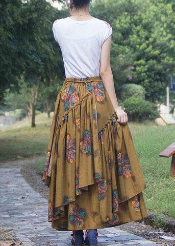 Boutique Yellow Wrinkled Asymmetrical Print Patchwork Linen Skirt Fall