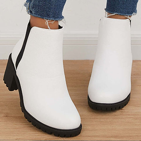 Faux Leather Chelsea Lug Boots Slip-On Chunky Heel Ankle Booties
