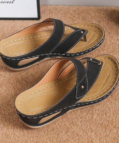 0508Unique Black Plus Size Splicing Wedge Thong Sandals Faux Leather