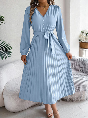Plissiertes, gebundenes Midikleid mit V-Ausschnitt und langen Ärmeln