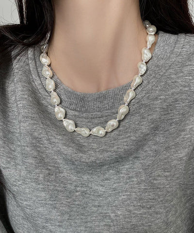 Elegant White Alloy Asymmetrical Pearl Gratuated Bead Necklace