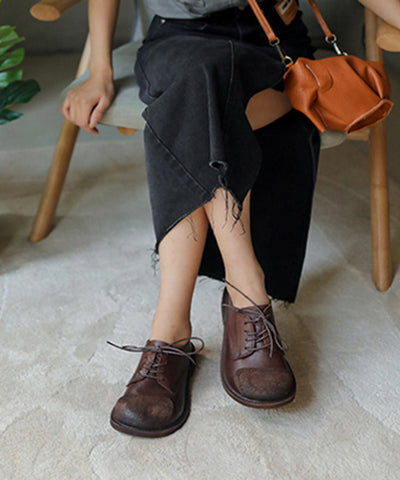 Retro Splicing Flat Shoes For Women Lace Up Coffee Cowhide Leather Flat Shoes