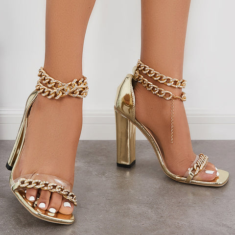 Chunky Block High Heels Double Rhinestone Ankle Chain Strap Sandals