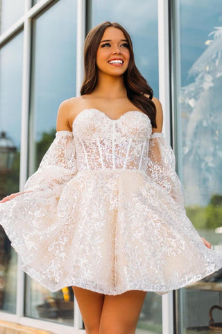 A Line Sweetheart Black Short Homecoming Dress with Long Sleeves