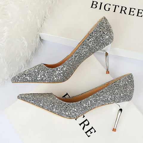2024 summer new  style sexy nightclub slim heels for women's skinny heels fashion glitter single shoes