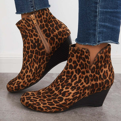Cutout Ankle Wedge Booties V-cut Stacked Heel Boots