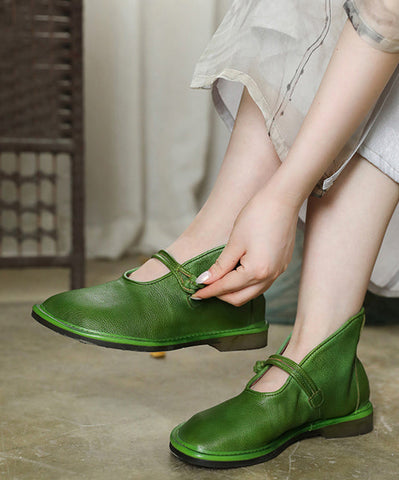 Comfortable Solid Green Flat Feet Shoes Cowhide Leather Upper Buckle Strap Flat Shoes