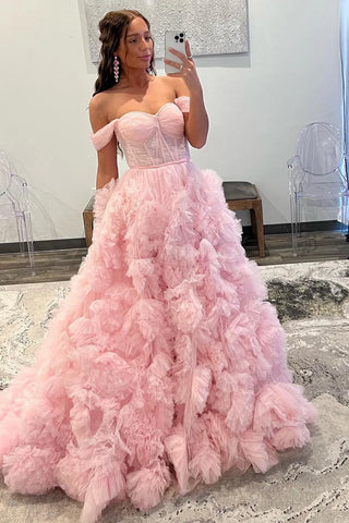 A Line Off the Shoulder Blue Corset Prom Dress with Ruffles