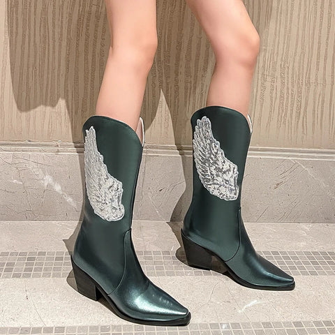- Plus Size Bling Angel Wings Pattern Sequin Women's Mid Length Boots Pointed Toe Tapered Thick Heels Slip-On Dance Booties Silver