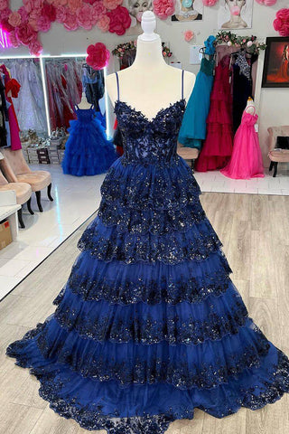 A Line Spaghetti Straps Corset Black Lace Prom Dress with Ruffles
