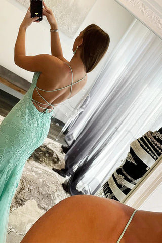 Mermaid Spaghetti Straps Blue Long Prom Dress with Backless