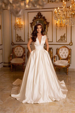 Bmbridal Satin Wedding Dress V-Neck Long With Pockets