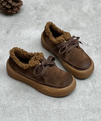 Coffee Flats Lace Up Flat Shoes For Women Fuzzy Wool Lined
