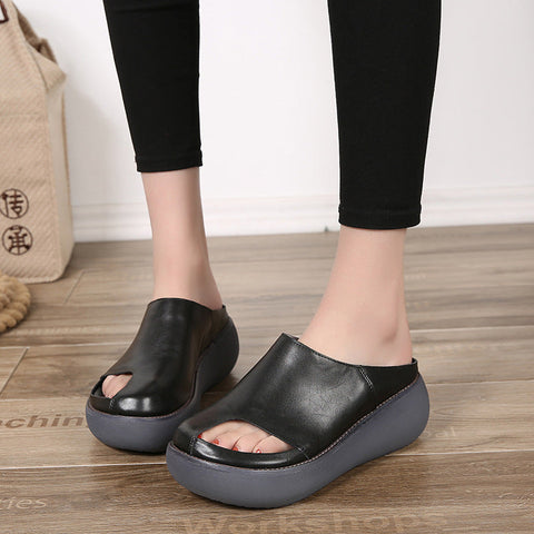 2022 Retro Women Leather Wedge Slippers