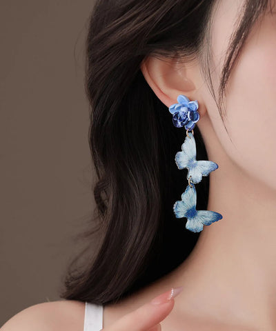 Art Blue Alloy Butterfly Floral Tassel Drop Earrings