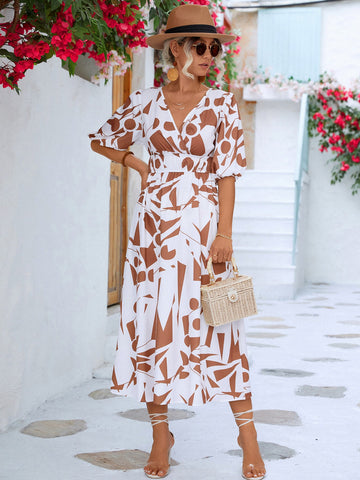 Bedrucktes Kleid mit Überwurf und Ballonärmeln