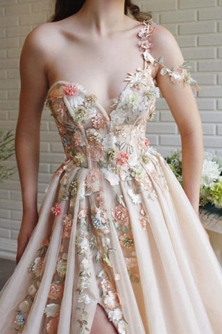 Fairy Flowers Applique Prom Dress Champagne Tulle With Slit