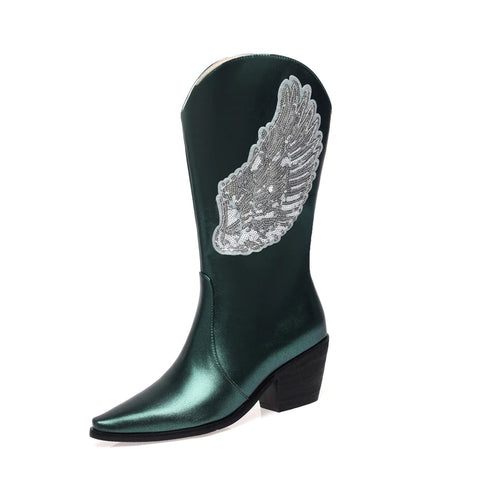 - Plus Size Bling Angel Wings Pattern Sequin Women's Mid Length Boots Pointed Toe Tapered Thick Heels Slip-On Dance Booties Silver