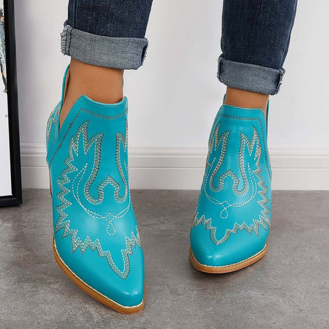 Western Ankle Cowgirl Boots Slip on Cutout Chunky Heel Booties