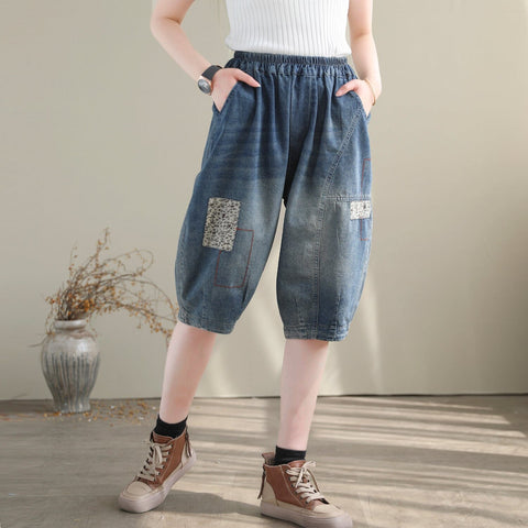 Women Casual Patchwork Loose Cotton Denim Shorts