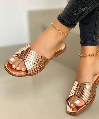 0508Chic Rose Gold Splicing Faux Leather Plus Size Slide Sandals
