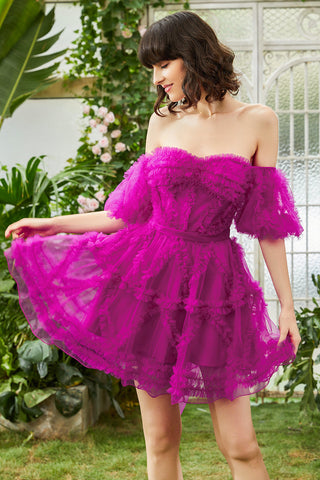 Cute A Line Off the Shoulder Black Tulle Corset Homecoming Dress