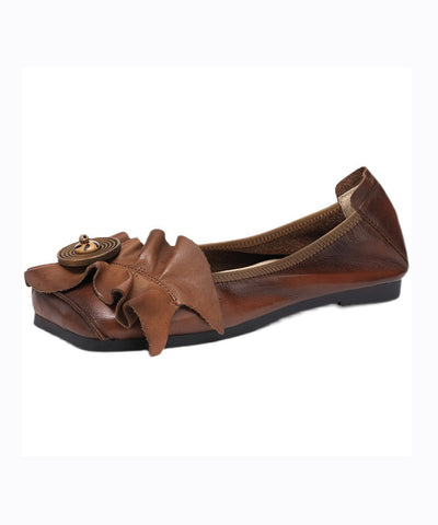 Boutique Braun Rindsleder Flache Schuhe Spleißen Rüschen