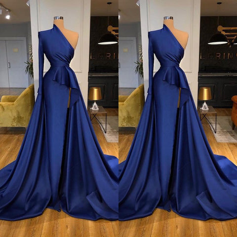 Dark Royal Blue Ruffles Side-cut Overskirt Prom Dress One shoulder
