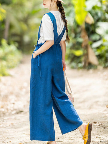 Women Summer Solid Drawstring Pocket V-Neck Linen Jumpsuits