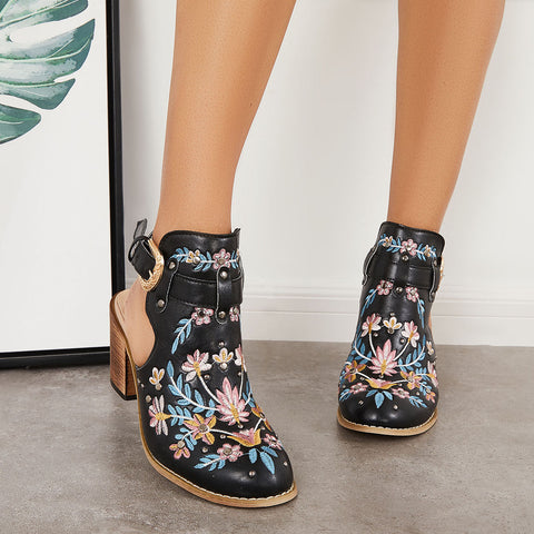 Pink Cutout Embroidered Chunky Heels Ankle Strap Slingback Sandals