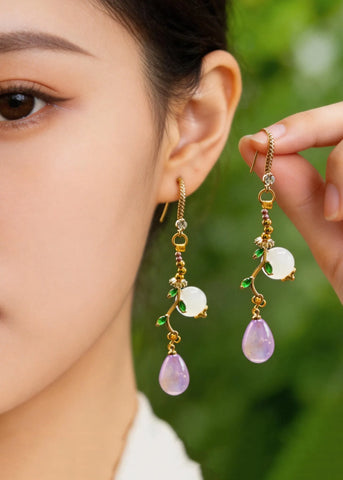 Retro Light Purple Asymmetrical Design Fine Jade Drop Earrings
