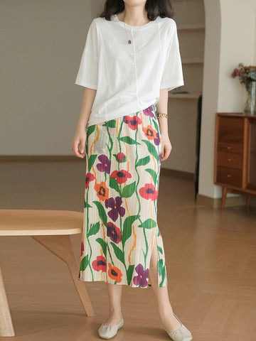 Women Artsy Flower Summer Split Hem Draped Skirt