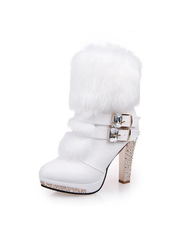 Women's Thick High Heel Middle Tube Fur Rhinestone Boots