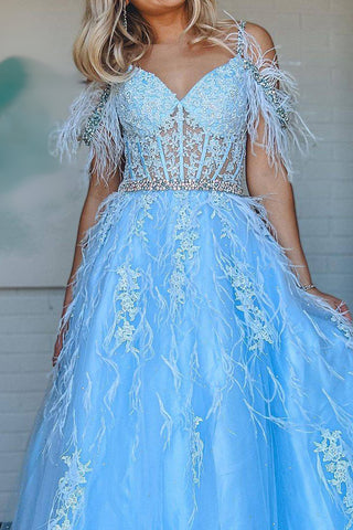 Gorgeous A Line Off the Shoulder Blue Corset Prom Dress with Appliques Feather