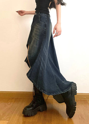 Modern Blue Pockets Asymmetrical Patchwork Denim Skirts Summer