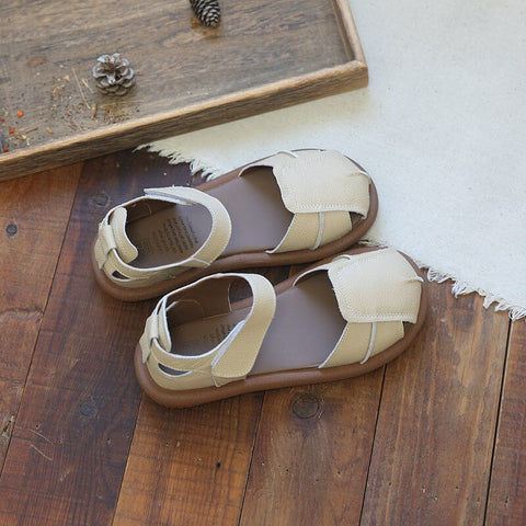 Summer Retro Leather Velcro Tape Flat Sandals