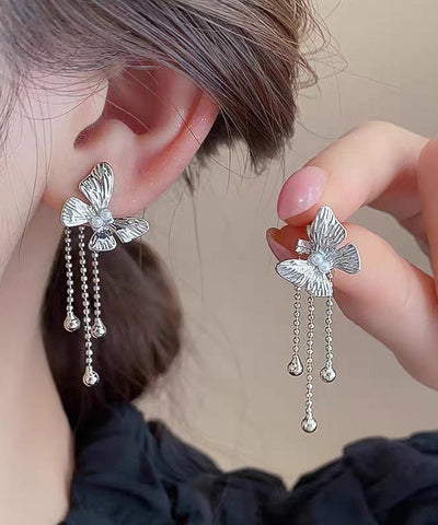 Skinny Gold Alloy Butterfly Tassel Drop Earrings