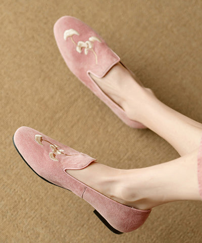 Rosa Stickerei Wildleder Flache Schuhe Für Frauen Retro